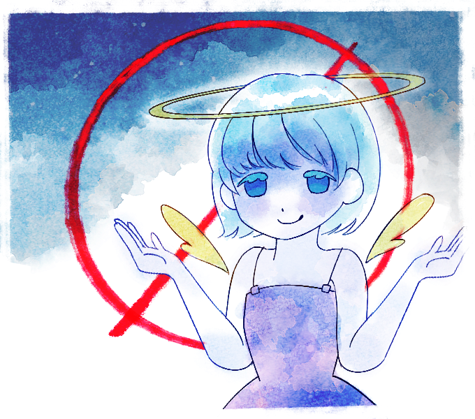 an angel shrugging her arms to signify that this part of the site is under construction.